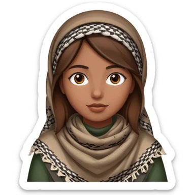A girl wearing a Palestinian keffiyeh, brown hair, and beautiful  sticker