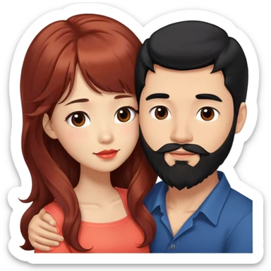 tall handsome mixed white asian man with long black hair and beard, hugging cute tan skin woman with long wavy reddish brown hair with bangs and coral lipstick sticker