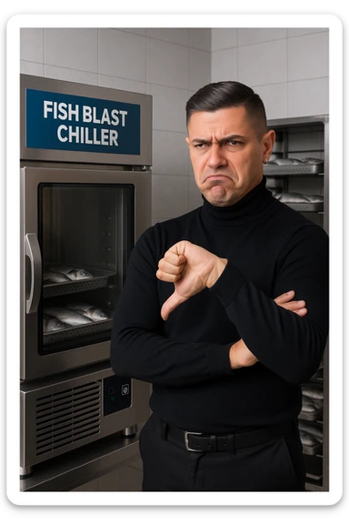 a man stands in front of a commercial fish blast freezer (abbattitore), arms crossed and a displeased, skeptical expression on his face. He shakes his head or gives a thumbs down, clearly rejecting the use of the freezer. The background shows a professional kitchen or fish processing area, with trays of fish ready for freezing. in italiano sticker