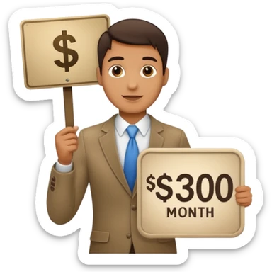 guy proudly holding a sign showing $30,000/month sticker