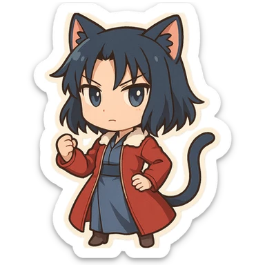 Chibi Ryougi Shiki with cat ears and cat tail, wearing her red jacket, confident pose sticker