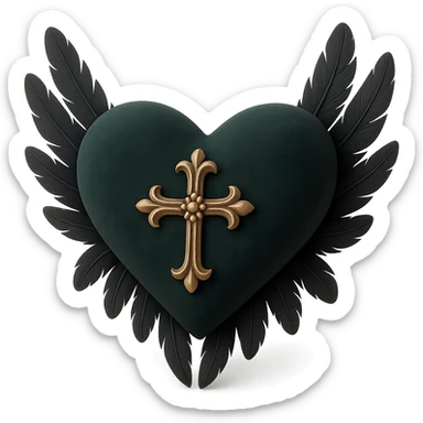 gothic heart in 3D black style, dark emerald velvet texture, silver cross ornament, feather details, lush and gothic style sticker
