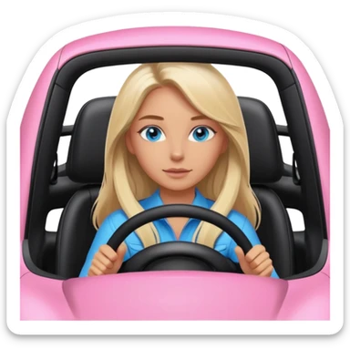 pink Porsche taycan with blonde girl, long hair, blue eyes, sitting in the car, girl in the driver seat, front view point of view, no sunglasses sticker