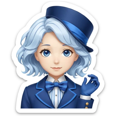 Beautiful gorgeous anime lady with white wavy hair with thin blue stripes, blue eyes, blue short top hat with a blue bow tie, smug grin, blue coat, blue cravat, white gloves sticker