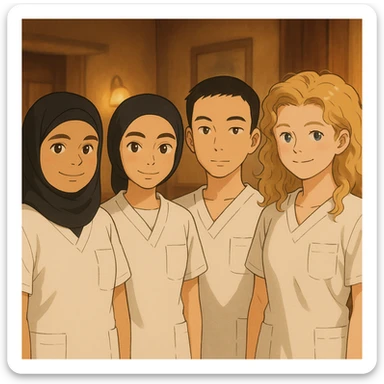 Variation 4: Four nursing students side by side in a warm indoor ambiance, wearing white short-sleeve uniforms without stand-up collars or hijabs under the sleeves, no stethoscopes. Tops are medical tunics with V-neck and left chest pocket. Each student has the face from the provided portraits, in Ghibli style, group composition. sticker