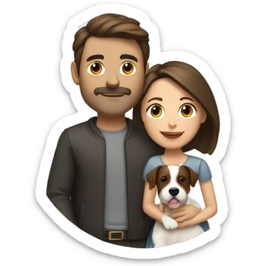 Brunette husband and wife with small white and brown dog sticker