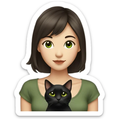 asian girl with brown hair and brown eyes holding a black cat with green eyes  sticker