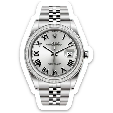 "Flat design emoji icon of a luxury silver Rolex Datejust watch, fully iced out with diamonds on the case and Jubilee bracelet, diamond pavé dial with black Roman numerals, isolated on a green circular background, clean vector style, high resolution." sticker