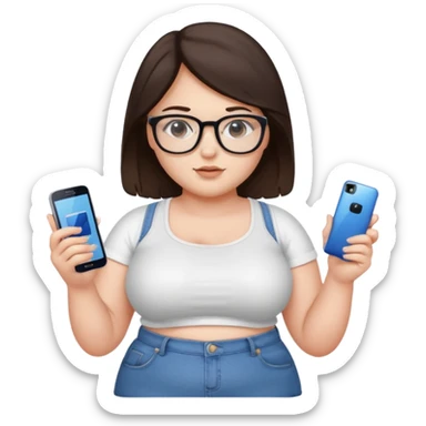 chica adolescente gordita ,pelo castaño oscuro,crop top blanco ,jeans vaqueros, espejuelos y un celular samsumg en su mano izquierda  sticker