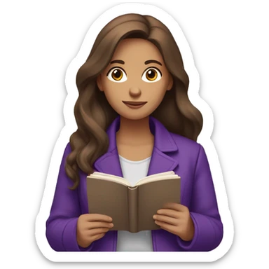 lady with brown long hair, brown eyes wearing a purple jacket reading a book sticker