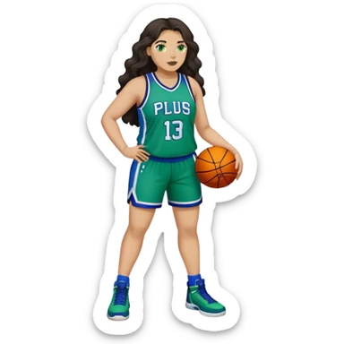 Full Body light skin Latino plus size women basketball player with long wavy dark hair  wearing blue and green uniform sticker