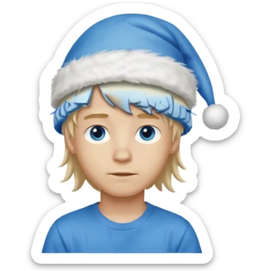 create boy blonde hair long messy, light eyes, white t shirt, rich, long hair, eyes blue, acessory head cristimas blue hat sticker