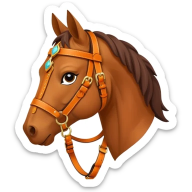 Hermès-style horse head emoji, elegant leather harness with orange and gold accents, luxury, simple and cute sticker