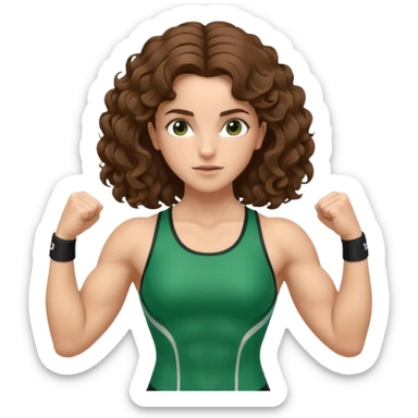 flexing muscles, big biceps, muscled torso, very beautiful italian girl, looking like Emma Watson, with curly and big volume very bright brown hair, dressed in a beautiful green sports costume sticker