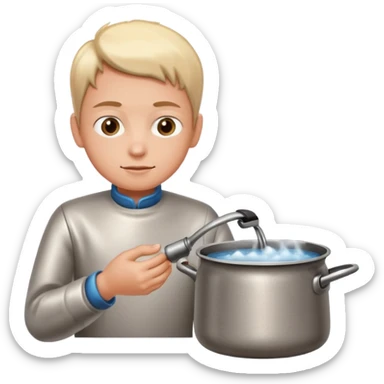 small metal pot filled with boiling water on a stove, visible hot steam and rising bubbles, realistic heat effect, shiny pot surface, bright lighting, clean white background sticker