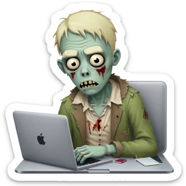 A tired sad zombie behind a laptop sticker