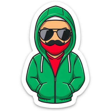 middle-aged man with thin mustache, black aviator sunglasses, red hoodie with hood covering head sticker