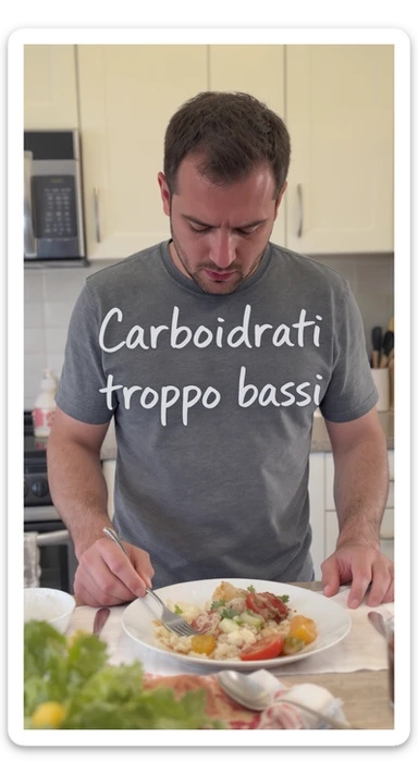 Uomo sui 35 anni in cucina, con espressione affaticata e spenta, guarda un piatto con pochissimi carboidrati (solo qualche verdura e proteine). Accanto a lui, fogli con una dieta rigida e una scritta visibile: 'Carboidrati troppo bassi'. sticker