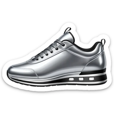 A pair of futuristic sneakers emoji made of silver chrome, sleek streetwear design, smooth metallic panels, subtle reflections, luxury swag aesthetic, iOS emoji style, centered, clean white background sticker