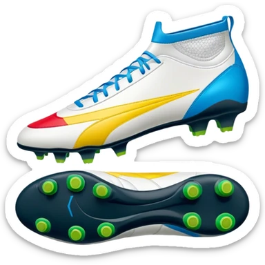Cinematic Realistic image of a pair of soccer boots featuring finely detailed synthetic and leather textures, vibrant accents and dynamic design elements, illuminated by bright, field-side lighting that captures their sporty essence sticker