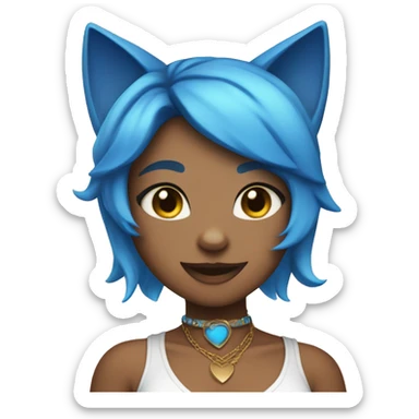 Tan skinned cat girl with blue hair, cat ears, white top, blue necklace and blue eyes sticker