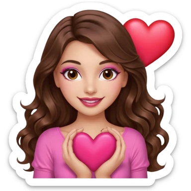 girl with long wavy brown hair, brown eyes, long lashes makeup, sexy pink lips, light to medium complexion, wearing a pink sexy top, smiling, holding a big heart sticker