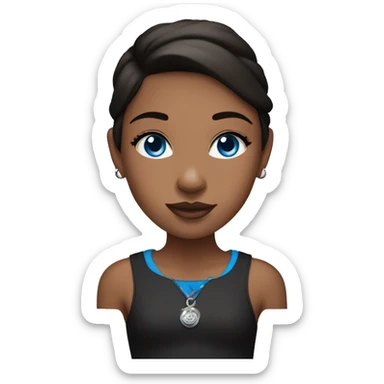 A bruinette girl with blue eyes and black pit bull sticker