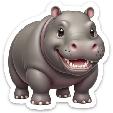cinematic-hippo-realistic-full-body-side-view-standing-on-all-fours-emoji,-massive-round-frame,-wide-mouthed-grin-exposing-huge-teeth,-head-tilted-dramatically,-thick-grey-hide-glossy, big cute eyes sticker