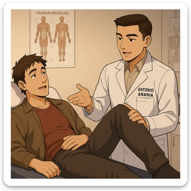 fai un webtoon manga a colori con questo stile, in cui un uomo è steso sul lettino medico e il kinesiologo con il camice bianco (fagli anche la scritta "ANTONIO ANANIA" SUL CAMICE, gli solleva una gamba per fargli il test neuromuscolare, IL KINESIOLOGO SPIEGA ALL'UOMO UNA cosa mentre gli alza la gamba. non fare i fumetti però, fai solo in modo che sembri stiano parlando sticker