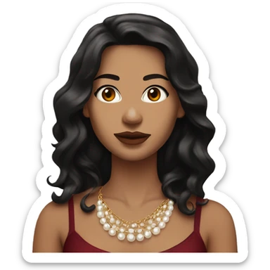 Woman with white skin, long black wavy hair, brown eyes, gold necklace, pearl earrings, red maroon tube top sticker