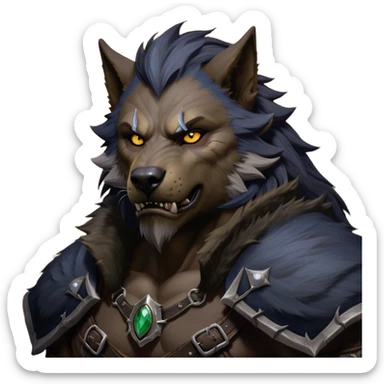 Cinematic Realistic WoW Worgen Portrait, depicted as a fearsome blend of man and beast, with rugged, dark fur intermingling with tanned, weathered skin. His piercing amber eyes and fierce expression are framed by disheveled hair and subtly detailed, worn leather attire in dark, consistent hues. Rendered with lifelike texture and dramatic, natural lighting, high shine, noble and formidable, capturing the primal nobility of a legendary worgen warrior. sticker