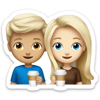 blonde hair with blue eyes boy and a brunnete with brown eyes girl, both white skin drinking latte sticker