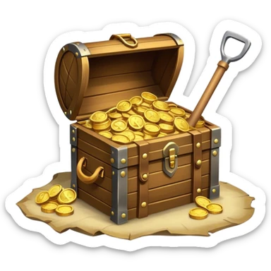 An icon showcasing a treasure chest filled with gold, a treasure map rolled up beside it, a backpack and shovel ready for the next adventure. The design captures the essence of treasure hunting, exploration, and excitement, set on a transparent background to emphasize the thrill of discovery. sticker