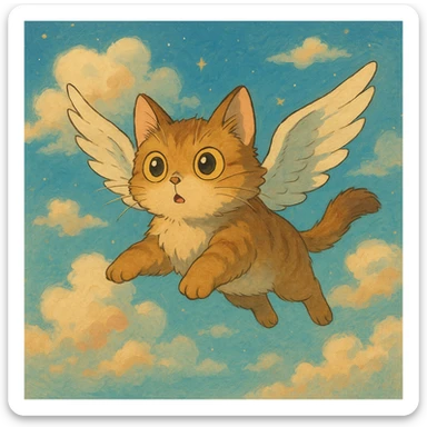 flying cat with expressive eyes in a dreamy sky background in ghibli style sticker