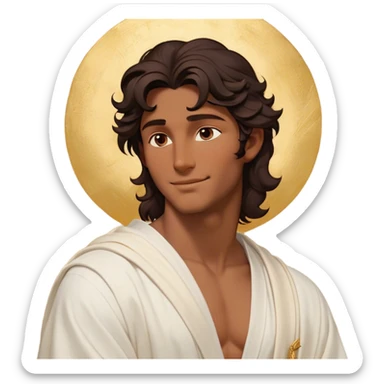 Cinematic Realistic Hercules Portrait, head tilted playfully and inquisitively, showcasing a charming blend of Disney heroic charisma and the refined grace of Michelangelo's David. His sun-kissed bronze skin and thick, wavy dark hair are rendered with classical precision, complementing a warm, inviting smile and sparkling, mischievous eyes. Clad in a softly draped white robe with subtle golden details, he exudes approachable strength under gentle, natural lighting. sticker