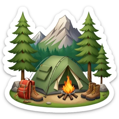 Icon for Hiking: a pair of hiking boots, a backpack, a walking stick, a tent, and a kettle over a campfire, surrounded by trees and a mountain trail. The icon should capture the adventure and warmth of camping. Transparent background. sticker