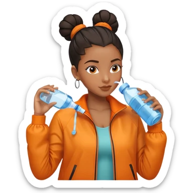 Black girl with orange jacket drinking water bottle middle part slick back bun sticker