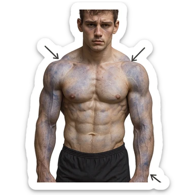 young bodybuilder with collagen deficiency, hyper realistic style, well visible muscles, skin with bluish areas indicating weakness, arrows pointing to problematic areas, neutral atmosphere sticker