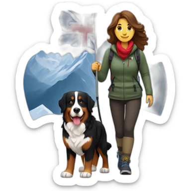 bernese mountain dog hiking with a woman with brown hairrin snow under the Norwegian flag sticker
