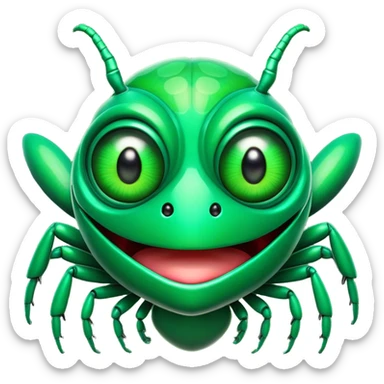 Cinematic Comical Green Bugdie Portrait Emoji, Head tilted dramatically with an exaggeratedly amused expression, featuring a striking, glossy emerald exoskeleton with bold patterns, wide, expressive multifaceted eyes filled with playful disbelief, Simplified yet hilariously expressive features, highly detailed, glowing with a slightly sassy glow, high shine, dramatic yet playful, stylized with an air of cheeky mischief, bright and endearing, soft glowing outline, capturing the essence of a spirited and over-the-top bug, so meme-worthy it feels like it could side-eye its way into internet fame instantly! sticker