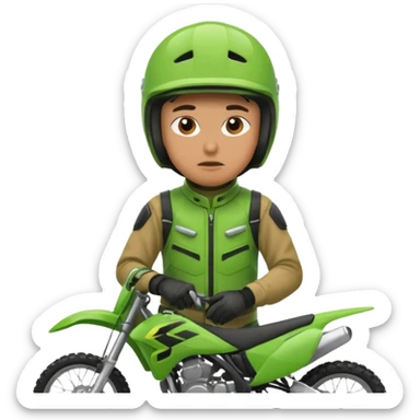 confused dirtbike rider in green gear sticker