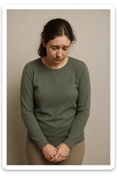 a woman with a shy, uncertain expression, slouched posture, looking down, hands clasped, conveying no confidence, simple background sticker