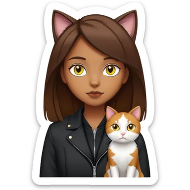 A brown straight-haired girl wearing black jacket with a white cat with yellow eyes and a calico cat sticker