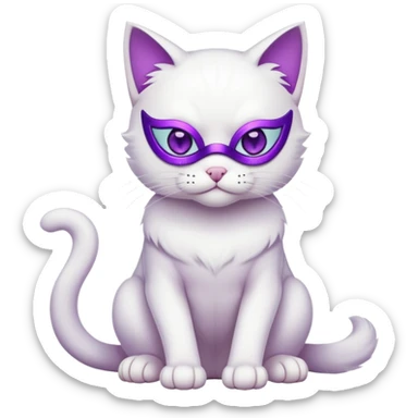 white cat sitting wearing a mask full body with purple eyes sticker