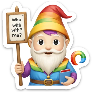 A zen rainbow gnome, holding a sign, "Silent Letter Day, who's with me?” sticker