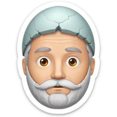 grey haired man with beard middle aged with a large egg shell on the head sticker