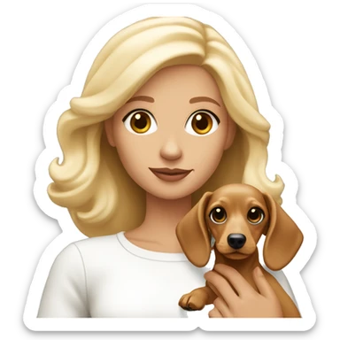 Blonde woman with tan skin in white long sleeve holding a light blonde dachshund puppy  sticker