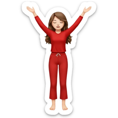 crie uma menina branca com cabelos castanhos longos ondulados, uma roupa de calça e blusa de manga curta na cor vermelho, com braços juntos para cima, olhos fechados e perna levantada sticker
