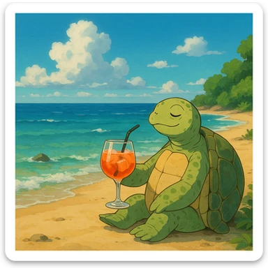 turtle sitting on the beach and drinking aperol spritz, ghibli style sticker