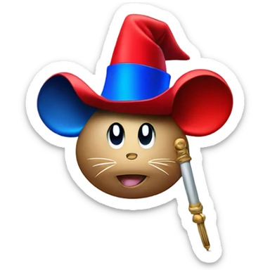 magic micke mouse, red cape, blue hat, magic wand, tickets logo, sticker